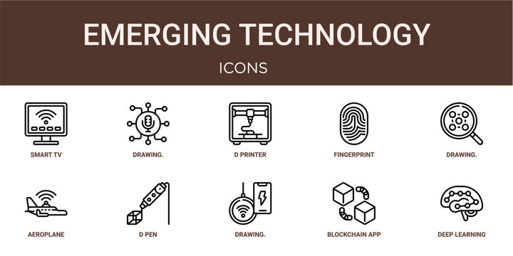 Set of 10 outline web Emerging Technology icons such as deep learning, blockchain app, drawing. Illustration from emerging technology collection.., d pen, aeroplane, drawing. Illustration from