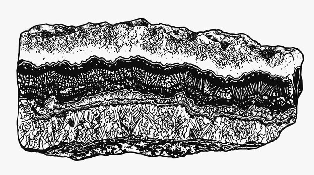 Detailed black and white geological strata illustration showing natural rock layers and mineral sediment in a cross section of the Earth crust