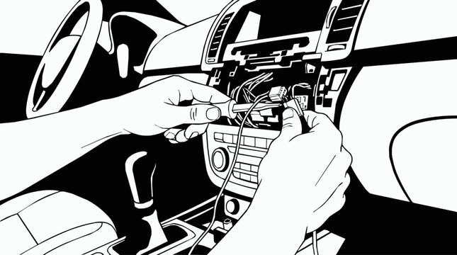 Hands using a screwdriver for car dashboard repair and wiring installation of a new audio system in a vehicle interior, black and white illustration.