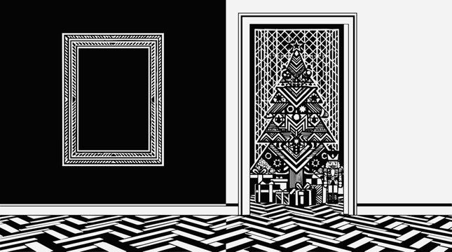 Modern black and white interior design with an intricate geometric pattern Christmas tree and a nutcracker visible through a doorway