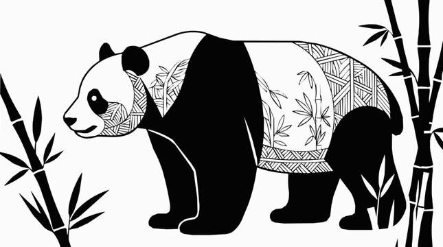 Intricate giant panda standing among bamboo stalks with decorative pattern details and mandala style illustration for adult coloring pages