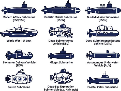 Various Types of Submarines and Underwater Vehicles.