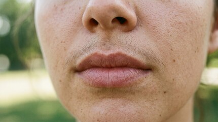 Naklejka premium Macro close up of female lower face with dark facial hair on upper lip. Hirsutism, hormonal imbalance, body positivity or laser hair removal concept.