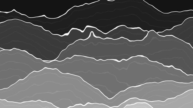 Abstract monochrome topographic line animation featuring fluid layered contour waves
