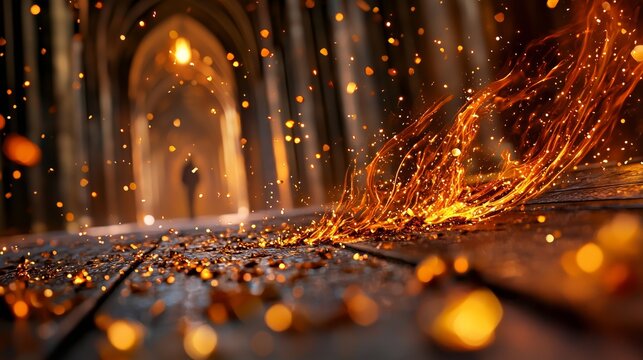 Cinematic magic golden fire swirl and sparks in gothic castle hallway
