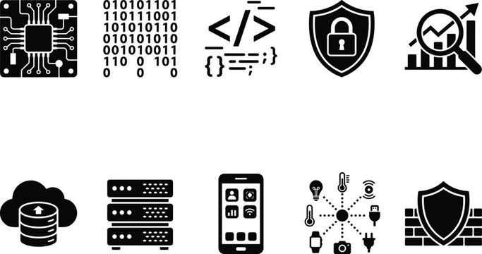 Set of cybersecurity and data technology icons. digital protection, network, and development symbols.