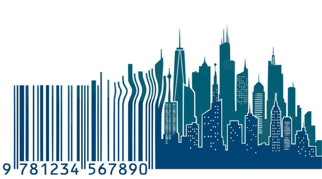 Barcode morphs into modern city skyline representing urban development and consumerism