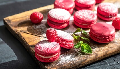 Fototapeta premium Vibrant raspberry macarons artfully arranged with fresh berries and mint on a rustic wooden board, dusted with powdered sugar.
