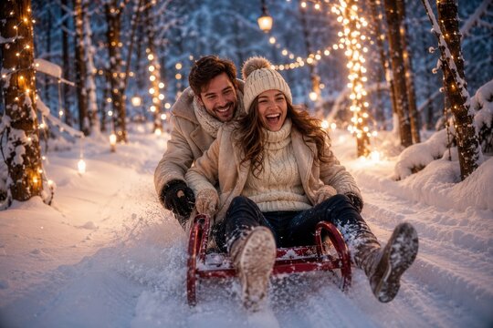 Verliebtes Paar f&auml;hrt lachend auf einem Schlitten durch einen verschneiten Wald voller Weihnachtslichter. Die romantische Winterkulisse vermittelt W&auml;rme, Freude und festliche Stimmung.