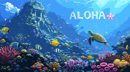 Underwater ancient ruins with a sea turtle swimming past vibrant coral reefs and tropical fish, with the word ALOHA displayed. © dono