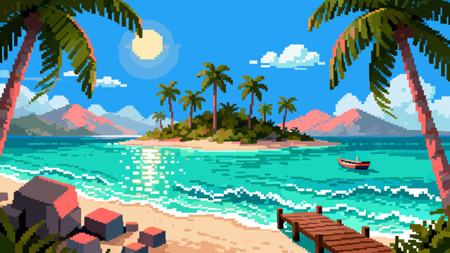 Pixel art tropical island paradise with palm trees, a sandy beach, turquoise ocean, and a small boat docked at a wooden pier.