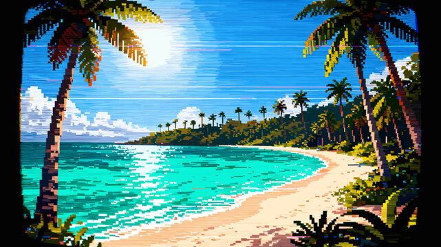 A vibrant pixel art depiction of a tropical beach paradise with crystal-clear turquoise waters, white sand, and lush green palm trees under a bright sunny sky.