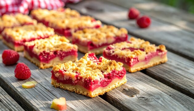 Vibrant Rhubarb Raspberry Crumble Bars, Golden Baked Sweet Dessert Slices Ready to Enjoy