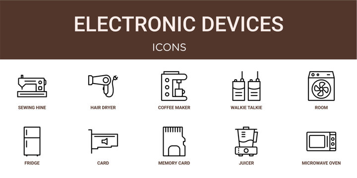 Set of 10 outline web Electronic Devices icons such as microwave oven, juicer, memory card, card, fridge, room, walkie talkie vector icons for report, presentation, diagram, web design, mobile app