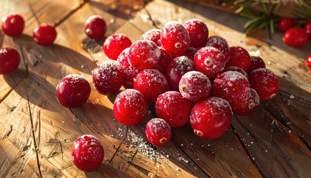 Vibrant sugar-coated cranberries arranged in a festive holiday pattern on rustic wood