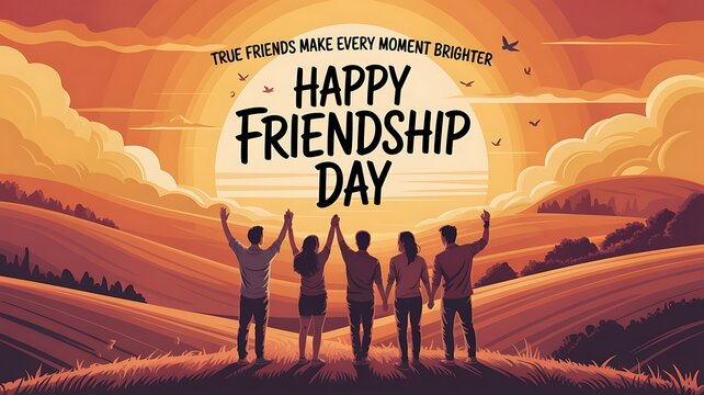 Happy friendship day with friends holding hands at sunset