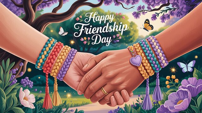 Happy friendship day hands shaking with colorful bracelets