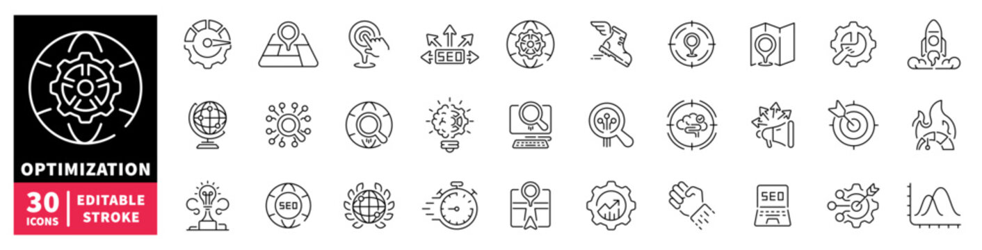 Collection of optimization and SEO icons with editable stroke and 30 icons