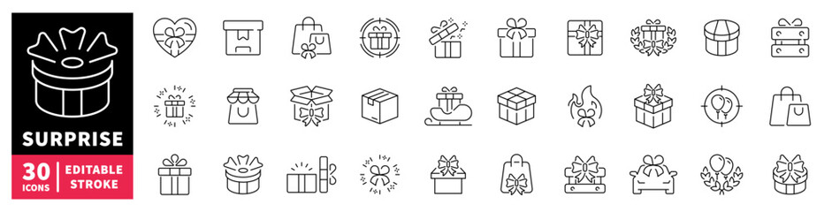 Fototapeta premium Collection of 30 editable stroke icons representing gifts and surprises
