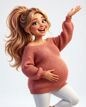Joyful olive-skinned pregnant woman with turquoise eyes and large belly laughing in coral sweater on white, cinematic 3D cartoon style.