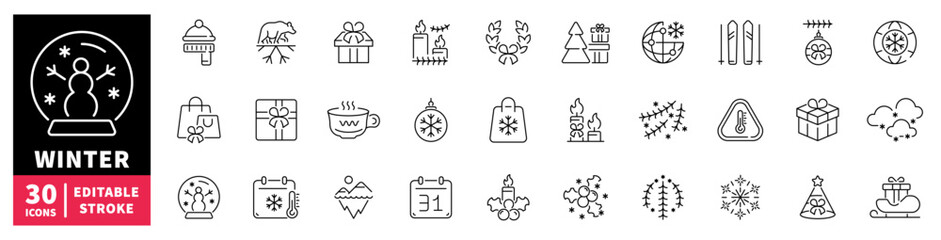 Fototapeta premium Collection of winter holiday and season icons with editable stroke