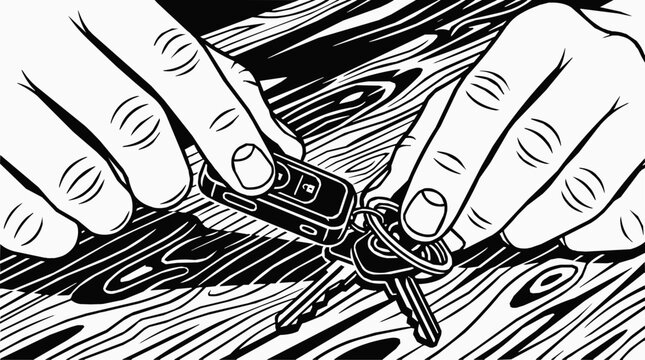 Vehicle - Close-up of hands picking up car keys and a remote fob from a table with wood grain, representing an automotive lifestyle and security.