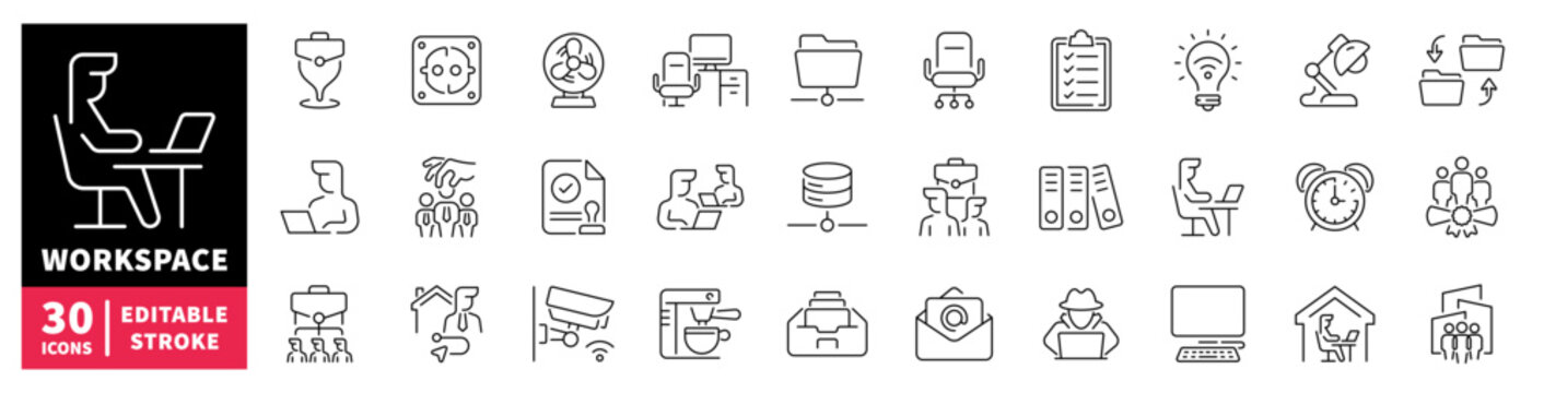 Collection of modern workspace and office icons for business and technology