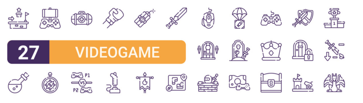 Set of 27 thin stroke Videogame icons for software, online tools and business layouts. Outline collection featuring platform, fighting game, sword, airdrop and cannon.
