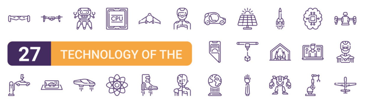 Set of 27 thin stroke Technology of the Future icons for software, online tools and business layouts. Outline collection featuring vr glasses, cpu, man, solar panel and crane.