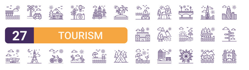 Obraz premium Set of 27 thin stroke Tourism icons for software, online tools and business layouts. Outline collection featuring coast, guidepost, island, camping and home.