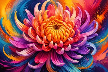 Fototapeta premium Vibrant chrysanthemum blooms in swirling, vivid colors. Petals spiral outward with fiery oranges, pinks, and purples. Background explodes in motion, blending blue, yellow, and red hues