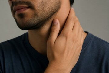 Naklejka premium Man touches his neck, showing discomfort. Hand grips throat, suggesting illness or pain. Close-up captures subtle facial expression of unease. Ideal for health, wellness, or medical content