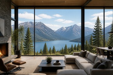 Obraz premium Modern living room overlooks a vast lake and mountain range. Large glass walls frame nature's grandeur and serenity. Cozy fireplace adds warmth to the minimalist interior