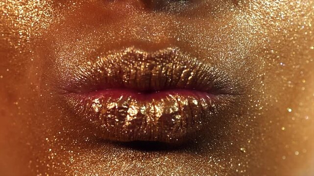 Fashion model golden makeup woman kiss lips in bright sparkles, golden lights, beautiful girl lips, mouth. Trendy glowing gold skin make-up. Art design make up. Glitter metallic shine makeup. Air kiss