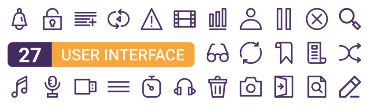 Set of 27 thin stroke User Interface icons for software, online tools and business layouts. Outline collection featuring bell, autoplay, video, user and preview.