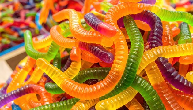 A close-up of a vibrant, tangled heap of colorful gummy worms in a playful arrangement