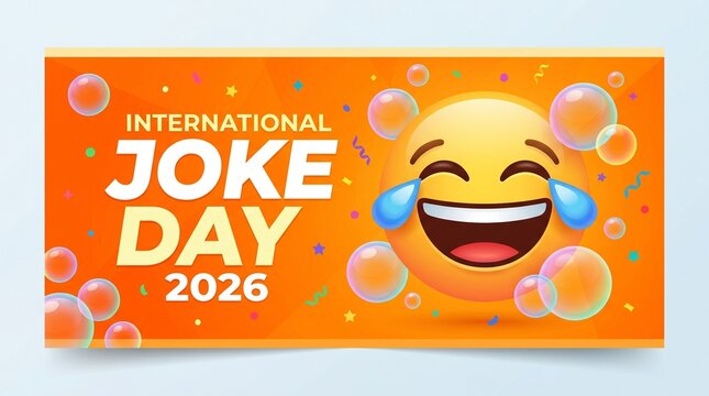 Bright yellow laughing emoji face celebrating international joke day twenty twenty-six