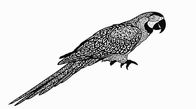 Intricate Macaw Parrot Tribal Patterned Mandala Illustration in Black and White Silhouette for Decorative Art and Creative Design Projects