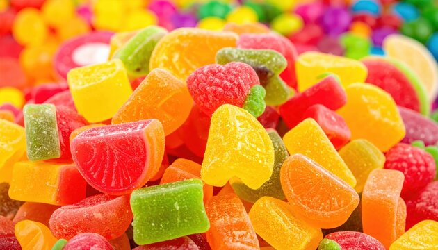 A vibrant, jumbled pile of assorted fruit-shaped gummy candies with various textures and bright colors.