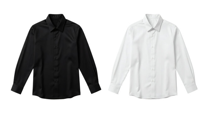Dress shirts presented in black and white colors featuring long sleeves and button down collars for professional retail fashion