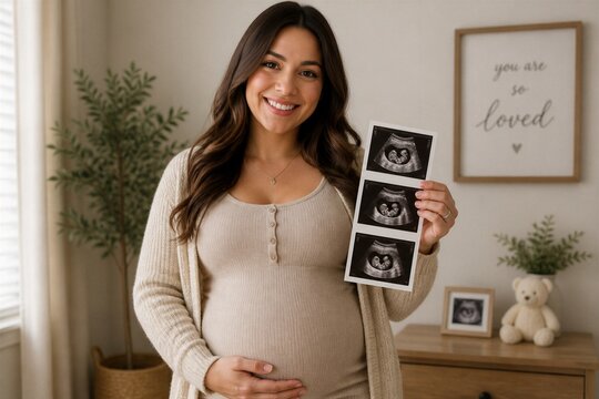 Pregnant woman smiles warmly, holding ultrasound images. Soft lighting highlights her gentle, joyful expression. Her hand rests tenderly on her belly. Homey decor includes framed art and a plush bear
