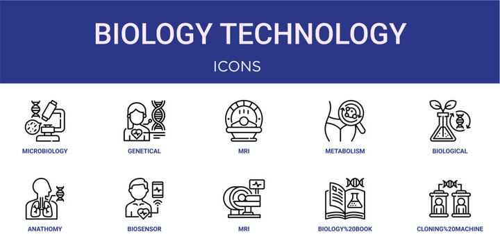 Set of 10 outline web Biology Technology icons such as cloning machine, biology book, mri, biosensor, anathomy, biological, metabolism vector icons for report, presentation, diagram, web design,