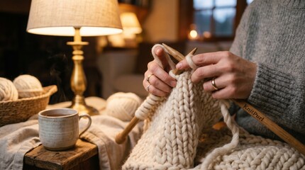 Obraz premium A cozy scene of a person knitting with thick wool yarn by the warm glow of a table lamp. A steaming mug of coffee sits beside a basket of yarn, suggesting a relaxing hobby in a comfortable setting
