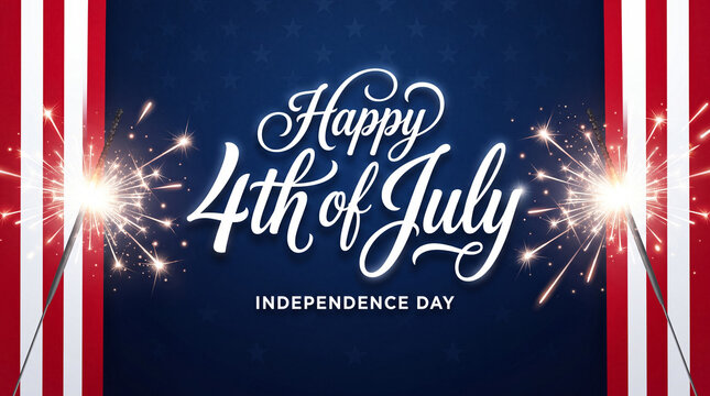 Vibrant Independence Day Celebration with Sparkler and Patriotic Stripes Artwork on Blue Background