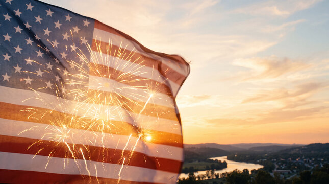 Vibrant celebration with flag waving and fireworks display over a scenic sunset landscape
