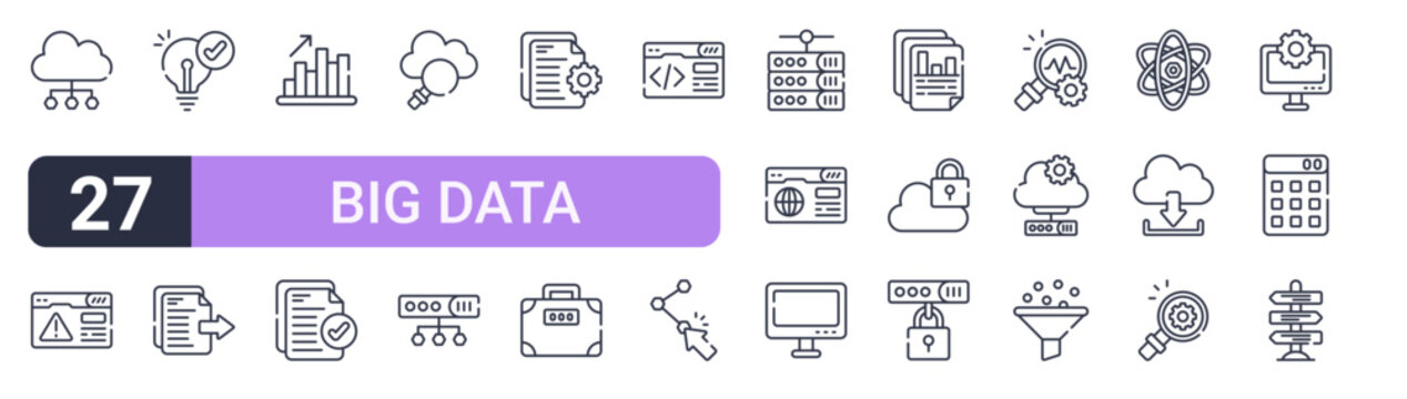 Set of 27 thin stroke Big Data icons for software, online tools and business layouts. Outline collection featuring cloud, search, code, analytics and search.