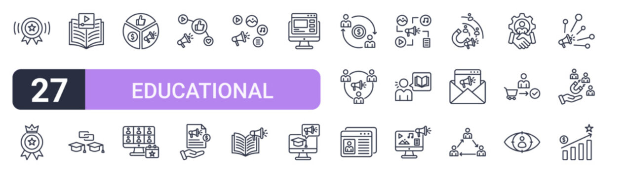 Set of 27 thin stroke Educational Marketing icons for software, online tools and business layouts. Outline collection featuring brand awareness, social media marketing, landing page,