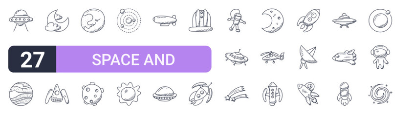 Set of 27 thin stroke Space and Aircraft icons for software, online tools and business layouts. Outline collection featuring ufo, solar system, observatory, night and rocket. © Sophie