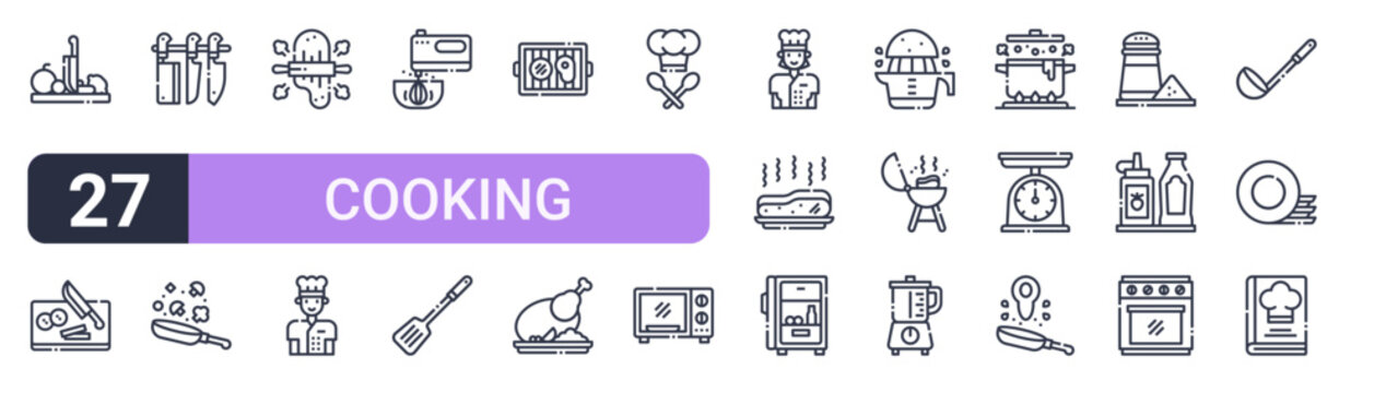 Set of 27 thin stroke Cooking icons for software, online tools and business layouts. Outline collection featuring cutting board, mixer, chef hat, squeezer and oven.