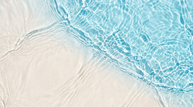 Clear Rippled Blue Water Surface on White Sand, Abstract Clean Wave Background and Texture
